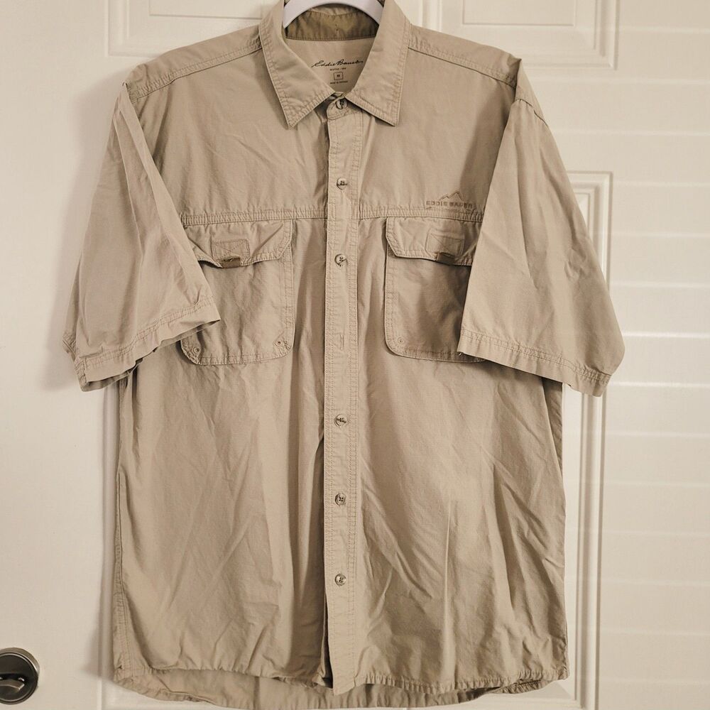 Eddie Bauer Shirt Mens M Tan Cotton Rainier Ripstop Fishing Vented Camp Hiking